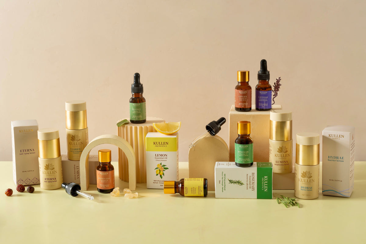 Kullen complete product collection - pure aroma oils and natural skincare serums
