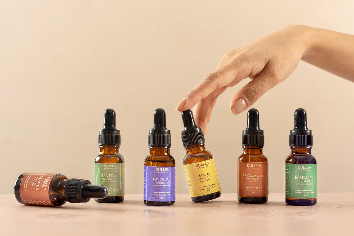 Kullen aroma oils collection - Ginger, Frankincense, Tea Tree, Lavender, Rosemary and Lemon essential oils