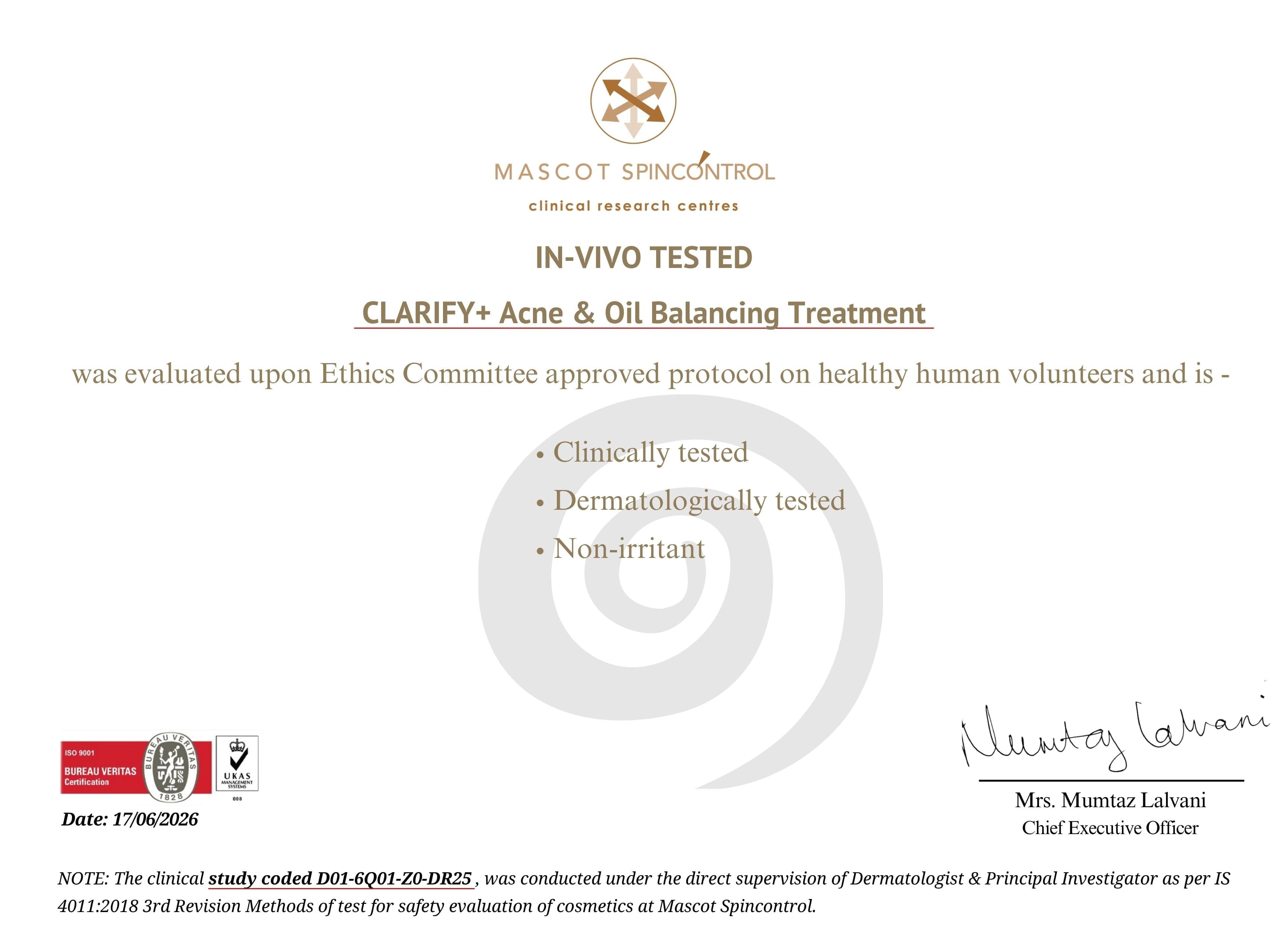 hird-party lab report confirming Kullen Clarify+ Acne Control Serum safety and efficacy - Mascot Spincontrol certified