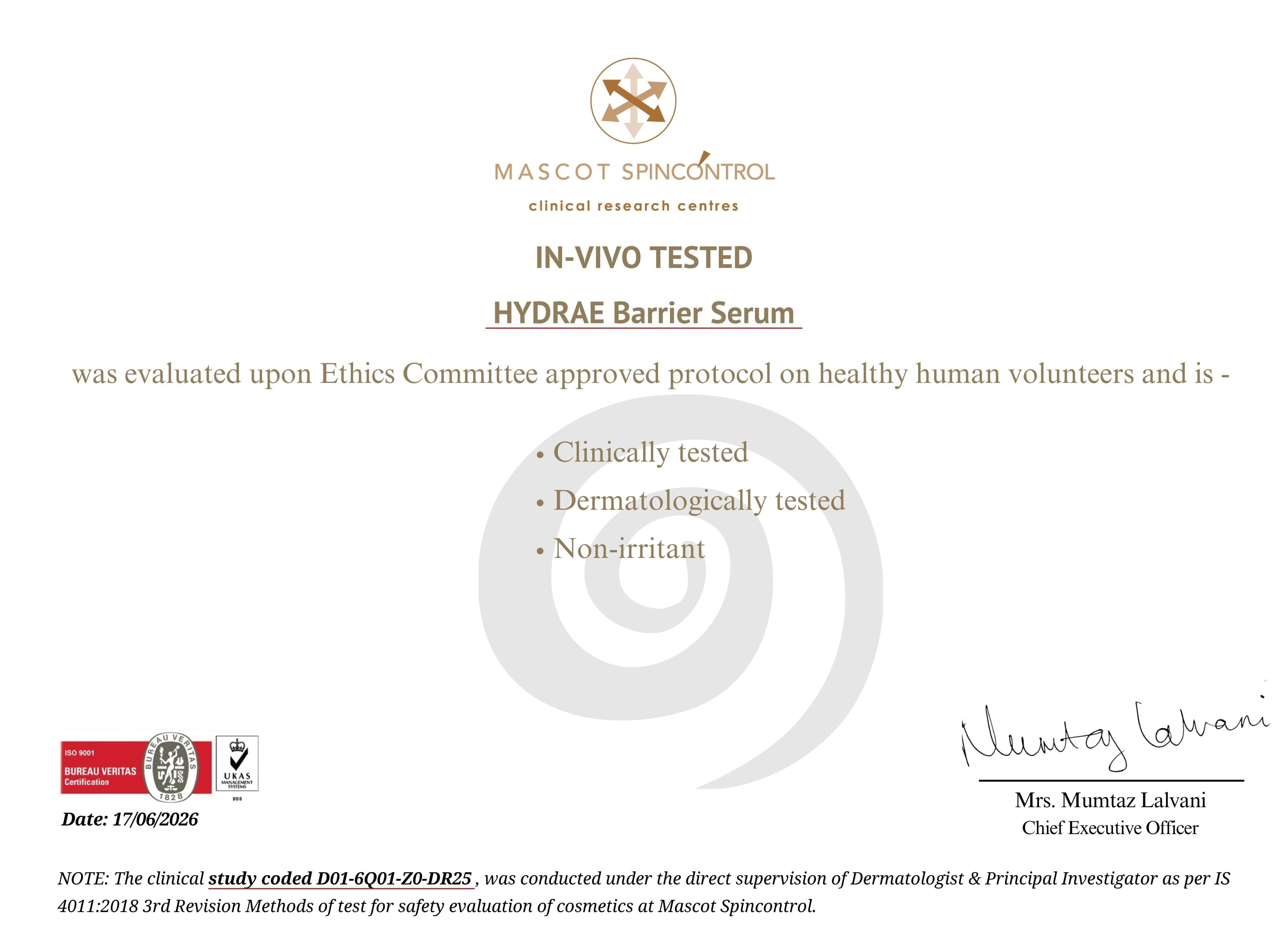 Third-party lab report confirming Kullen Hydrae Barrier Serum safety and efficacy - Mascot Spincontrol certified